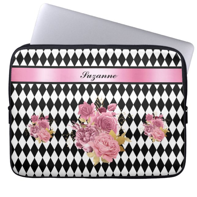 Black White Harlequin with Pink Flower and Name Laptop Sleeve (Front)
