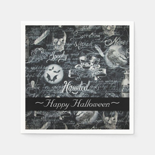 Black & White Haunted Halloween Napkin (Front)