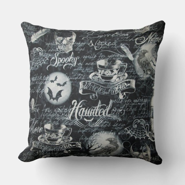Black & White Haunted Halloween Throw Pillow (Front)
