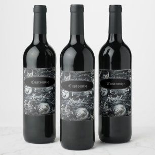 Black & White Haunted Halloween Wine Label