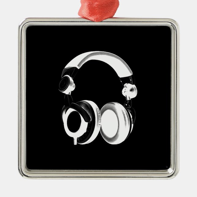 Black & White Headphone Silhouette Metal Ornament (Front)