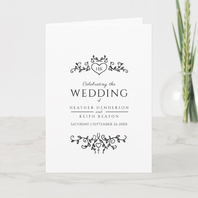 Black white heart and leaf monogram art wedding program (Front)