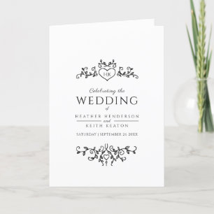 Black white heart and leaf monogram art wedding program