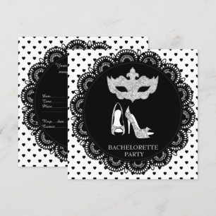 BLACK WHITE HEART BACHELORETTE MASQUERADE PARTY INVITATION
