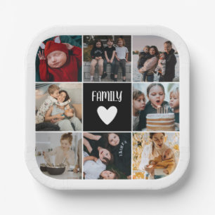 Black White Heart Family Photo Collage Paper Plate