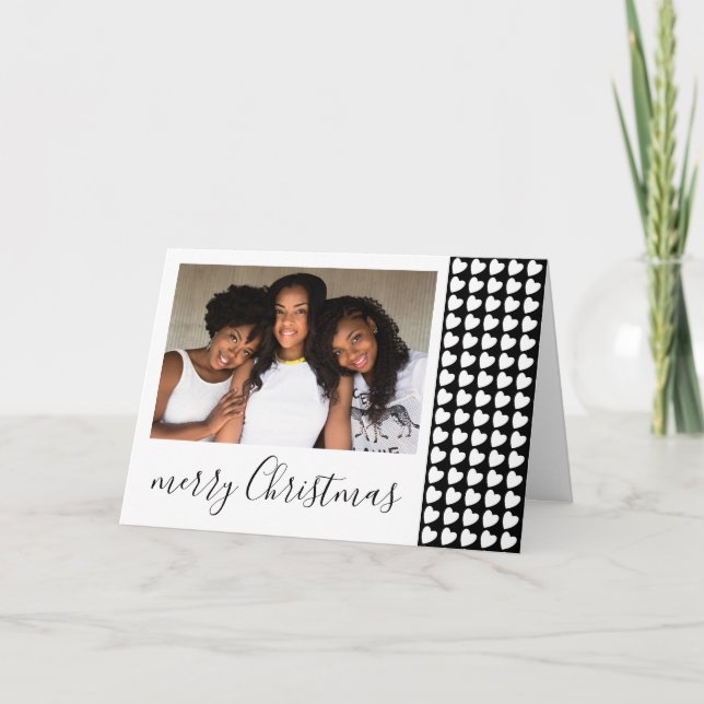 Black White Heart Merry Christmas Photo Holiday Card (Front)