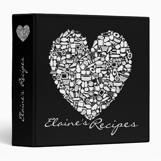 Black & White Heart Recipe Custom Name Binder (Front/Spine)
