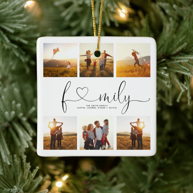 Black & White Heart Script 6 Photo Family Collage Ceramic Ornament (Tree)
