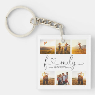 Black & White Heart Script 6 Photo Family Collage Keychain
