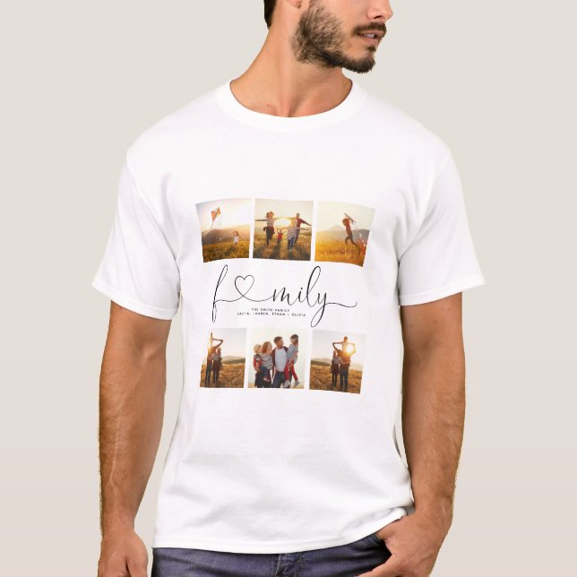 Black & White Heart Script 6 Photo Family Collage T-Shirt (Front)