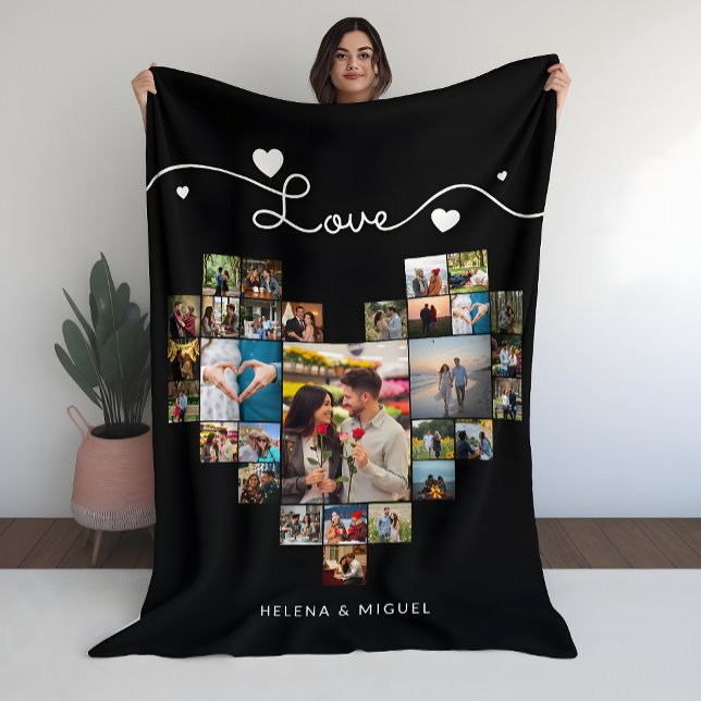 Black & White Heart Shaped  Photo Collage Script Fleece Blanket (Creator Uploaded)