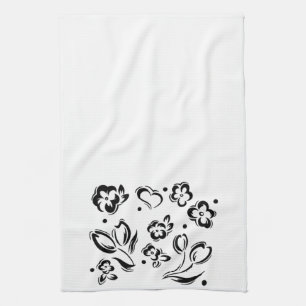 Black & white hearts and flower dish towel