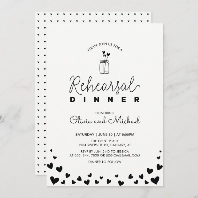 Black & White | Hearts Rehearsal Dinner Invitation (Front/Back)