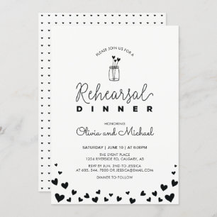 Black & White   Hearts Rehearsal Dinner Invitation