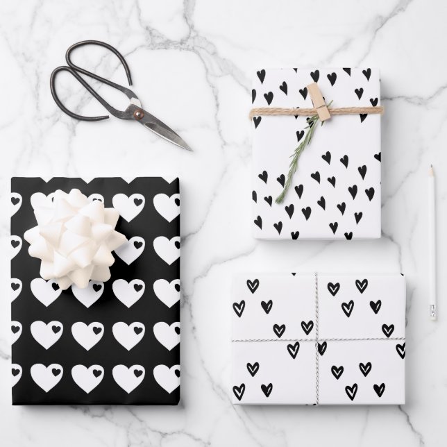Black & White hearts Wrapping Paper Sheet (Front)