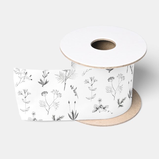 Black & White Herbs Botanical Wildflowers Pattern  Satin Ribbon (Spool)