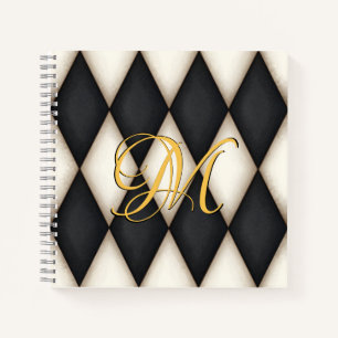 Black & White Herlequin Faux Antique Monogrammed  Notebook