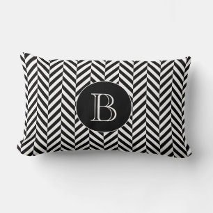 Black White Herringbone Pattern Custom Monogram Lumbar Pillow