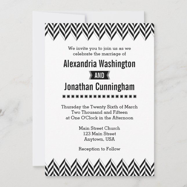 Black White Herringbone Wedding Invitation (Front)