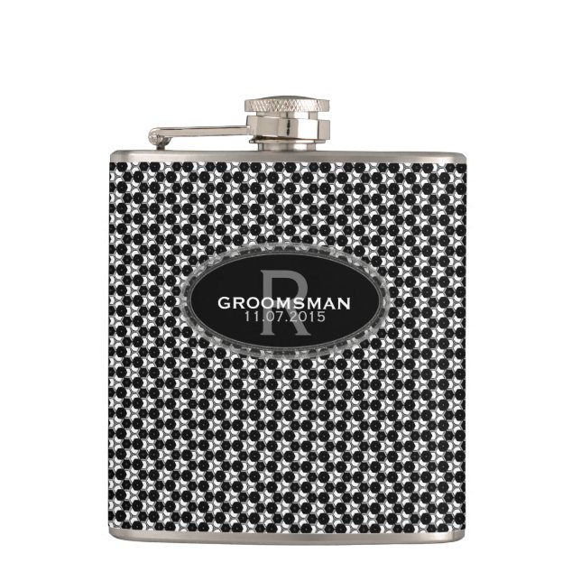 Black White Hexagon Pattern Groomsmen Gift Hip Flask (Front)