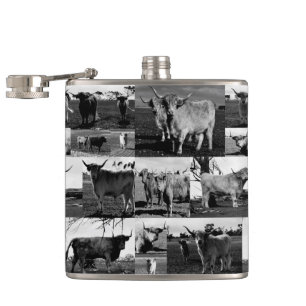 Black White Highland Cow Photography, Hip Flask