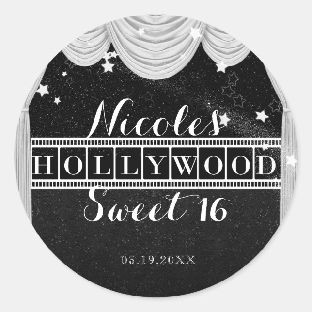 Black & White HOLLYWOOD Curtains Party Favour Classic Round Sticker (Front)
