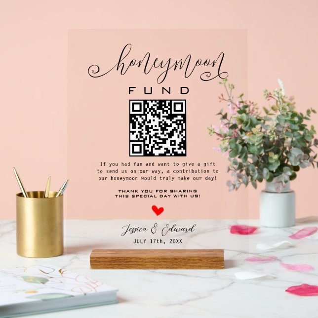 Black White Honeymoon Fund Qr Code Minimal Modern Acrylic Sign (Wedding)