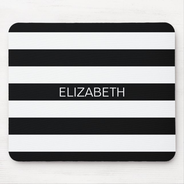 Black White Horizontal Preppy Stripe Name Monogram Mouse Pad (Front)