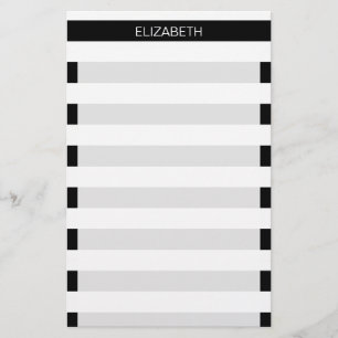 Black White Horizontal Preppy Stripe Name Monogram Stationery