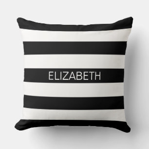Black White Horizontal Preppy Stripe Name Monogram Throw Pillow