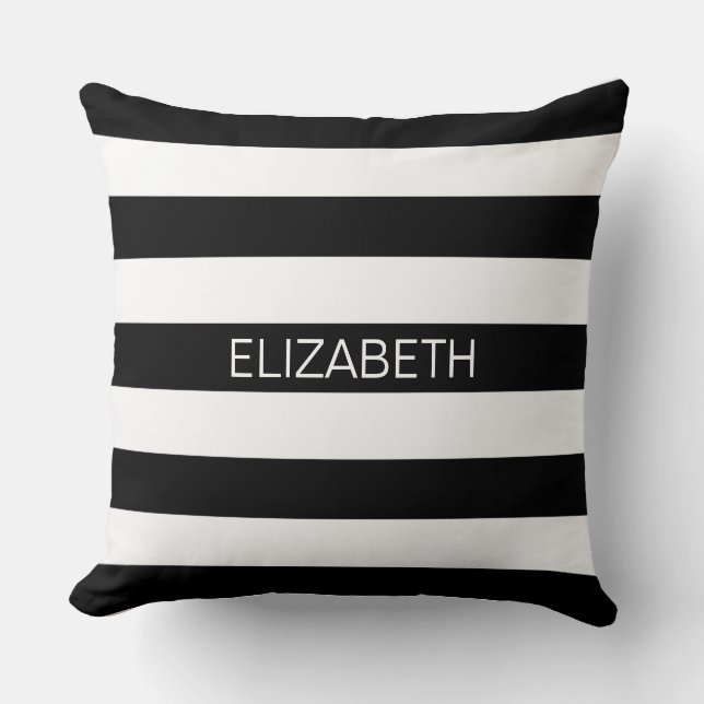 Black White Horizontal Preppy Stripe Name Monogram Throw Pillow (Front)