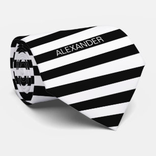 Black White Horizontal Preppy Stripe Name Monogram Tie