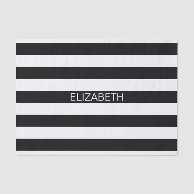Black White Horizontal Preppy Stripe Name Monogram Tissue Paper (Front)