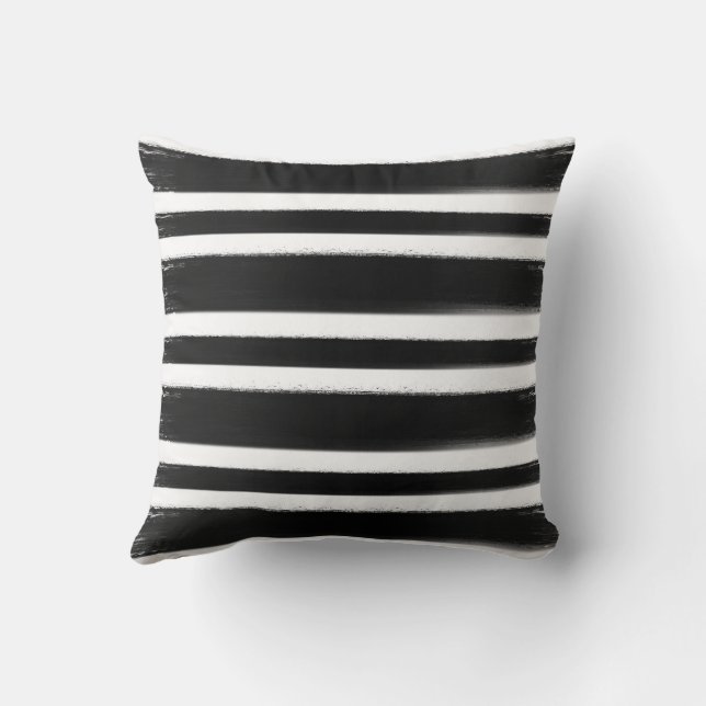 Black & White Horizontal Stripe Paint Brush Throw Pillow (Back)