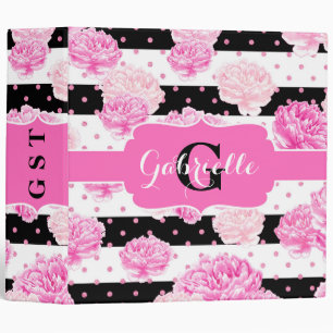 Black & White Horizontal Stripes Floral Monogram Binder