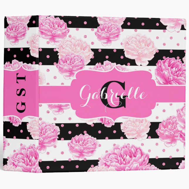 Black & White Horizontal Stripes Floral Monogram Binder (Front/Spine)