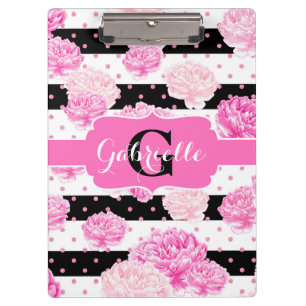 Black & White Horizontal Stripes Floral Monogram Clipboard