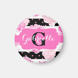 Black & White Horizontal Stripes Watercolor Floral Magnet