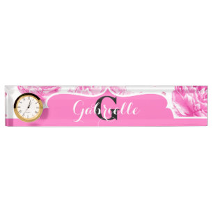 Black & White Horizontal Stripes Watercolor Floral Nameplate