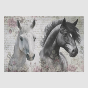 Black White Horse Floral Decoupage Tissue Paper