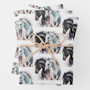 Black & White Horse Pair in Watercolor Wrapping Paper Sheet