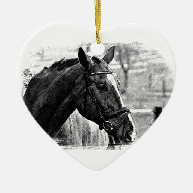 Black White Horse Sketch Ceramic Ornament (Front)