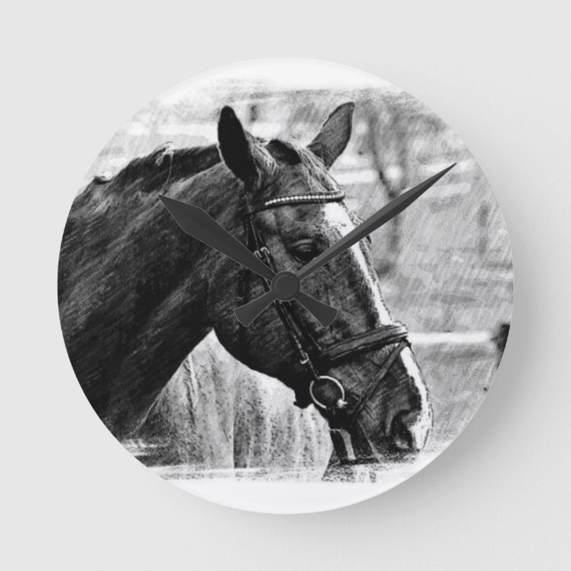 Black White Horse Sketch Round Clock (Front)