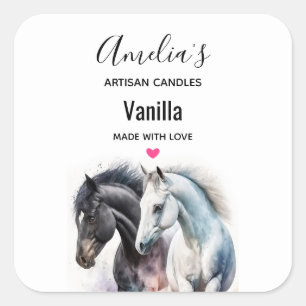 Black & White Horses in Watercolor Candle Business Square Sticker