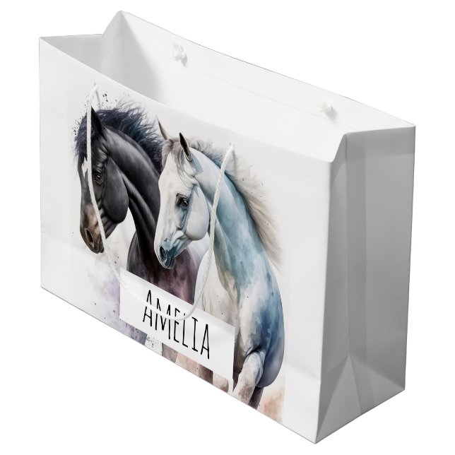 Black & White Horses in Watercolor Large Gift Bag (Front Angled)