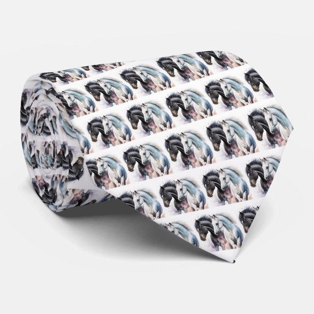 Black & White Horses in Watercolor Patterned Tie (Rolled)