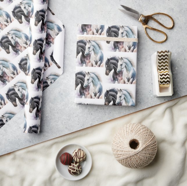  Black & White Horses in Watercolor Patterned Wrapping Paper (Crafts)