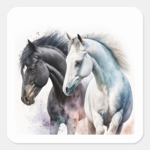 Black & White Horses in Watercolor Square Sticker