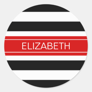 Black White Horz Preppy Stripe Red Name Monogram Classic Round Sticker