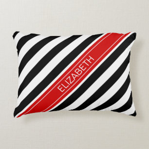 Black White Horz Preppy Stripe Red Name Monogram Decorative Pillow